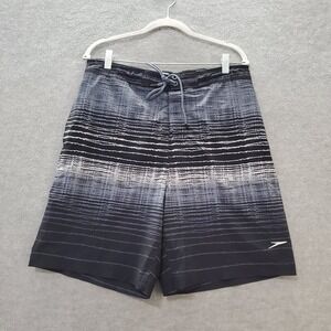 Speedo Men Swimwear Large Gray‎ Striped Trunks Mesh Logo Drawstring 9 in Inseam